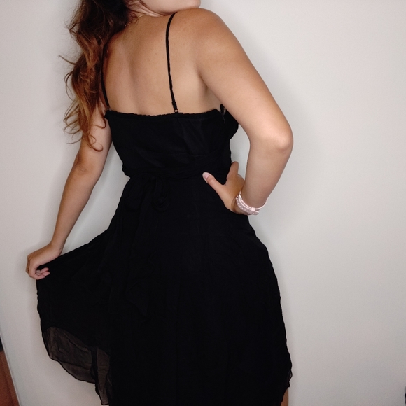 100% Silk Black Flowy Babydoll Midi Sun Dress Sz 6 - Picture 3 of 4